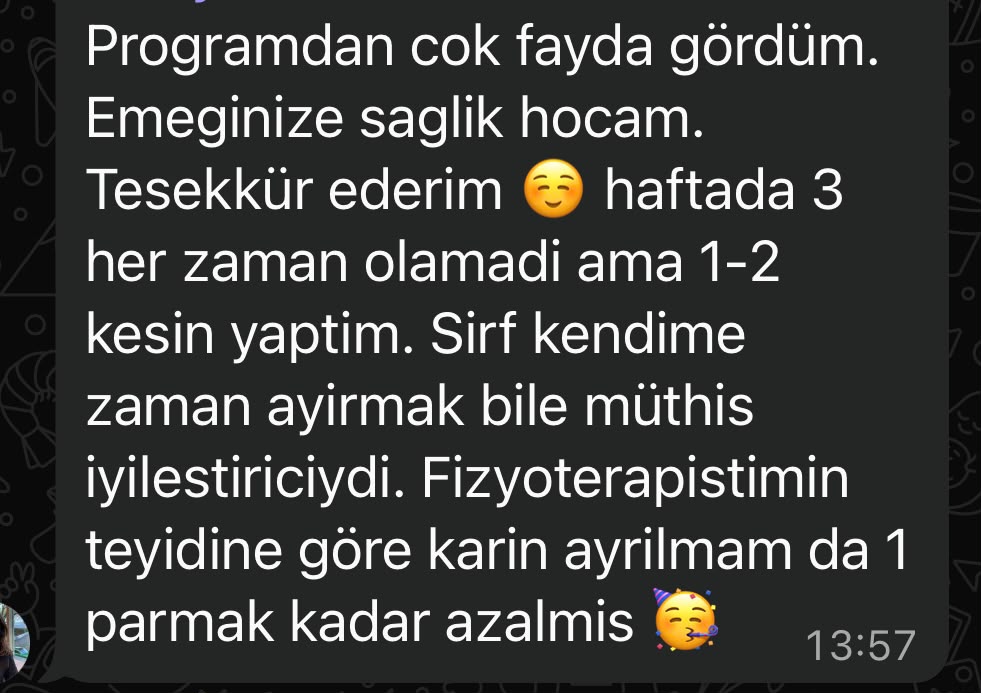 Danışan yorumu: fizyoterapist teyitli karın ayrılması azalması